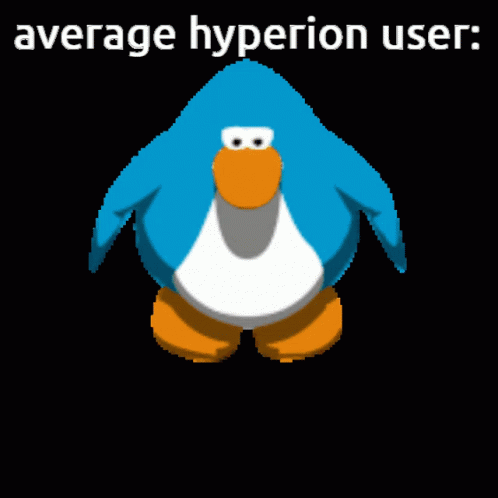 A Pixel Art Of A Blue Penguin With The Words " Average Hyperion User " Below It GIF