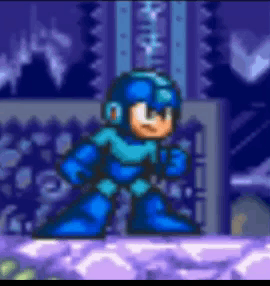 A Pixel Art Of A Blue Robot In A Video Game GIF