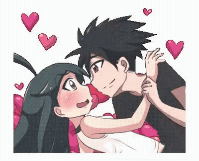 A Pixel Art Of A Boy And A Girl Kissing With Hearts Surrounding Them . GIF