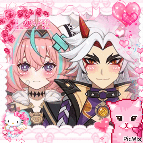 A Pixel Art Of A Boy And A Girl With A Pink Hello Kitty In The Corner GIF