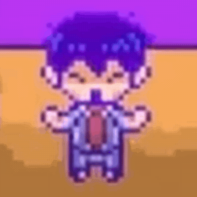 A Pixel Art Of A Boy In A Suit And Tie Standing On A Purple Background . GIF