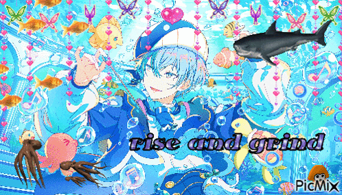 A Pixel Art Of A Boy In The Ocean With The Words Rise And Grind GIF