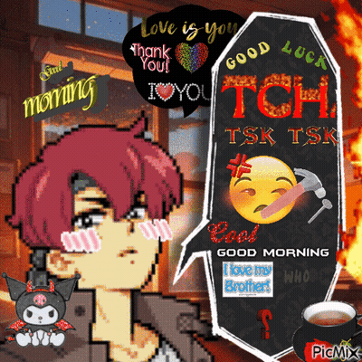 A Pixel Art Of A Boy With A Cup Of Tea And A Speech Bubble That Says Good Morning GIF