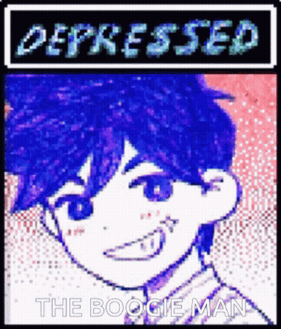 A Pixel Art Of A Boy With Blue Hair And The Words Depressed The Boogie Man Above Him GIF