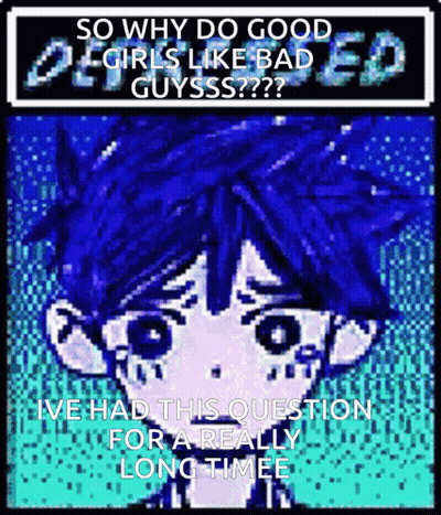 A Pixel Art Of A Boy With Blue Hair And The Words " So Why Do Good Girls Like Bad Guysss " GIF