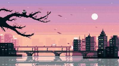 A Pixel Art Of A Bridge Over A Body Of Water With A City In The Background GIF