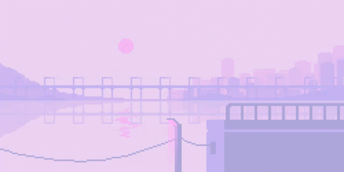 A Pixel Art Of A Bridge Over A Body Of Water With Buildings In The Background GIF