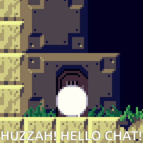 A Pixel Art Of A Building With The Words Huzzah Hello Chat On It GIF