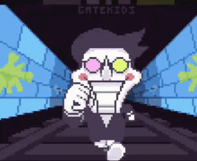 A Pixel Art Of A Cartoon Character Standing In A Tunnel . GIF