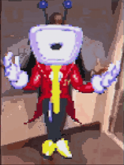 A Pixel Art Of A Cartoon Character Wearing A Red Jacket And Yellow Tie GIF