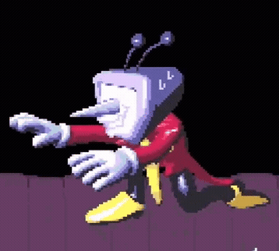 A Pixel Art Of A Cartoon Character With A Television Head And Antennas On It . GIF