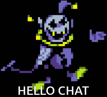 A Pixel Art Of A Cartoon Character With The Words Hello Chat On The Bottom GIF