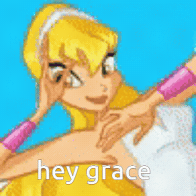 A Pixel Art Of A Cartoon Character With The Words Hey Grace On The Bottom GIF