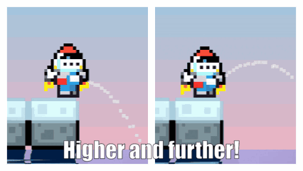 A Pixel Art Of A Cartoon Character With The Words Higher And Further GIF