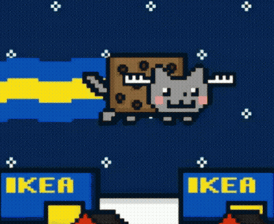 A Pixel Art Of A Cat Flying Through The Air With Ikea Signs Behind It GIF