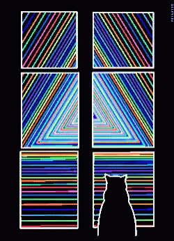 A Pixel Art Of A Cat Looking Out Of A Window With A Black Background And The Words Glitchfire At The Bottom GIF