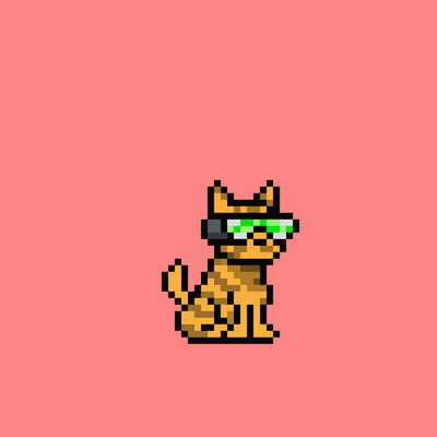 A Pixel Art Of A Cat Wearing Sunglasses And Headphones With The Words Woof Woof Written Above It GIF