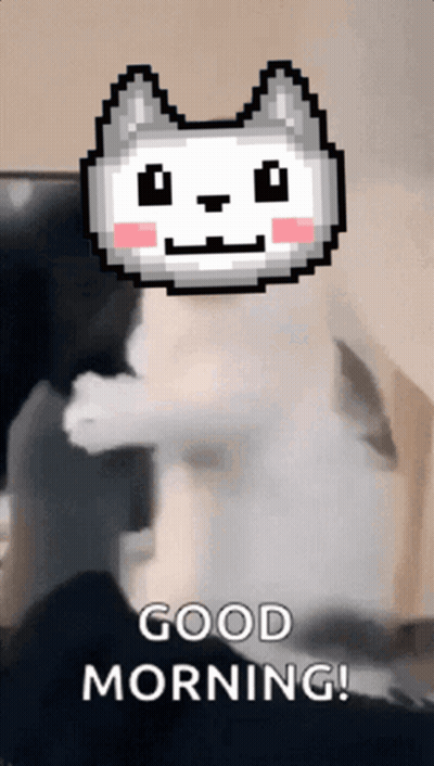 A Pixel Art Of A Cat With The Words Good Morning Written On The Bottom GIF