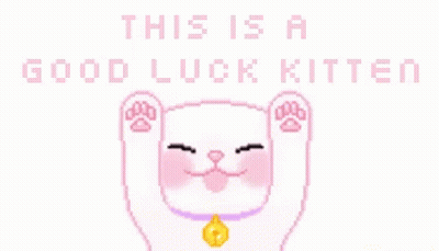 A Pixel Art Of A Cat With The Words " This Is A Good Luck Kitten " Above It GIF