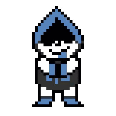 A Pixel Art Of A Character From A Video Game With A Blue Hood And A Heart On His Shirt . Sticker