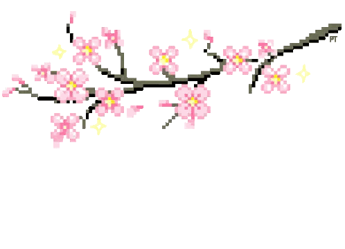 A Pixel Art Of A Cherry Blossom Tree Branch With Pink And Yellow Flowers Sticker