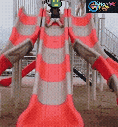 A Pixel Art Of A Child Going Down A Slide With Monkey Baby Between The Slides GIF