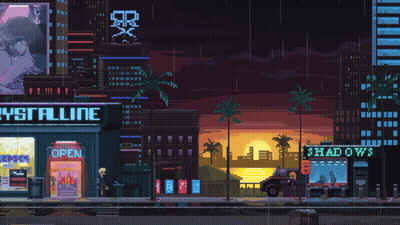 A Pixel Art Of A City At Night With A Store Called Shadows GIF