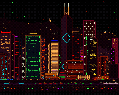A Pixel Art Of A City Skyline At Night With A Building That Says ' Jtc ' On The Top GIF