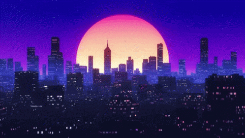 A Pixel Art Of A City Skyline With The Sun Shining Brightly In The Background GIF