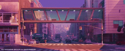 A Pixel Art Of A City Street With A Purple Sky GIF