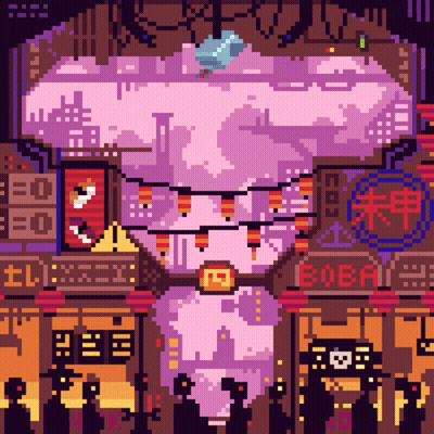 A Pixel Art Of A City With A Sign That Says Edgai GIF