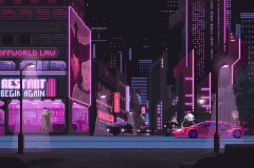 A Pixel Art Of A City With A Sign That Says " Restart Begin Again " GIF