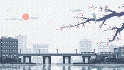 A Pixel Art Of A City With The Words Kawaii Sch On The Bottom GIF