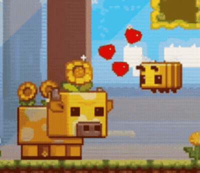 A Pixel Art Of A Cow And A Bee In A Video Game GIF