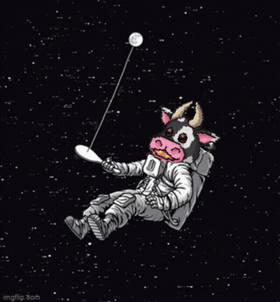 A Pixel Art Of A Cow Wearing A Space Suit Floating In Space Holding A Spoon . GIF