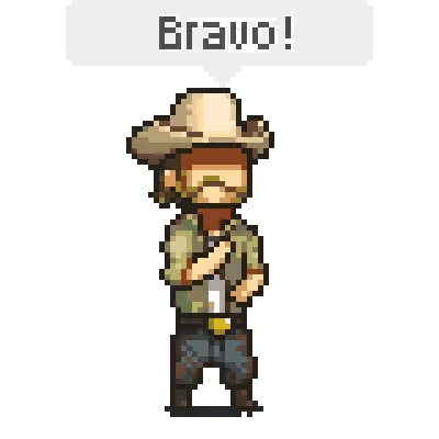 A Pixel Art Of A Cowboy With A Speech Bubble That Says " Bravo " Sticker