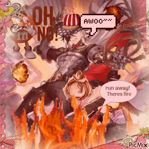 A Pixel Art Of A Cowboy With A Speech Bubble That Says Run Away There 'S Fire GIF
