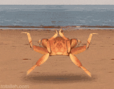A Pixel Art Of A Crab Dancing On A Beach With The Website Totalleh.com At The Bottom GIF