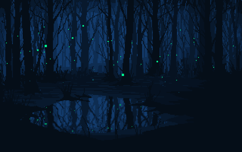 A Pixel Art Of A Dark Forest With Trees And A Puddle In The Middle GIF