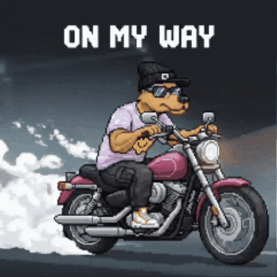 A Pixel Art Of A Dog Riding A Motorcycle With The Words " On My Way " Above Him GIF