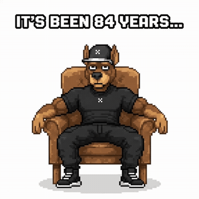 A Pixel Art Of A Dog Sitting In A Chair That Says It 'S Been 84 Years ... GIF
