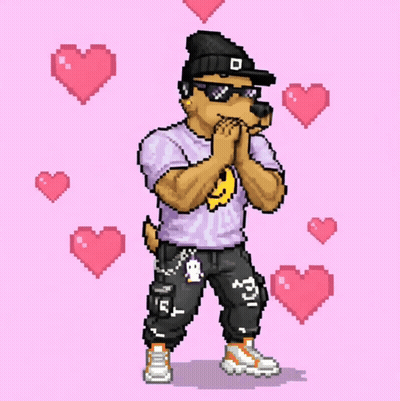 A Pixel Art Of A Dog Wearing Sunglasses And A Purple Shirt GIF