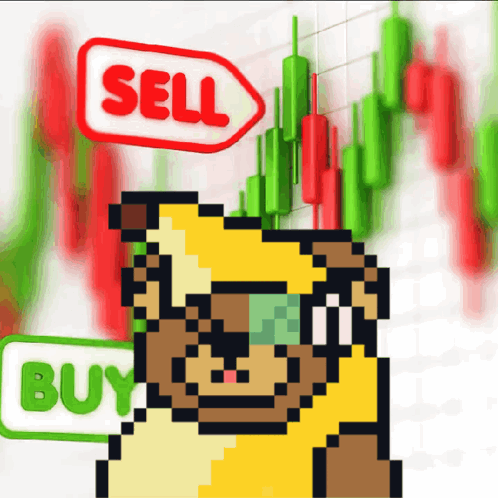A Pixel Art Of A Dog With Sunglasses And A Sell And Buy Sign Behind Him GIF