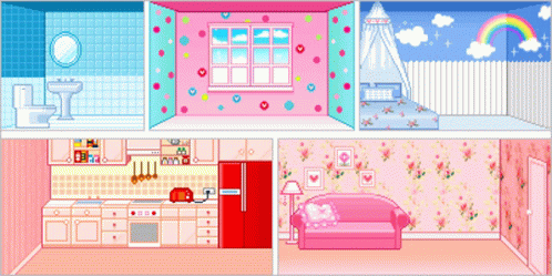 A Pixel Art Of A Doll House With A Rainbow In The Sky GIF