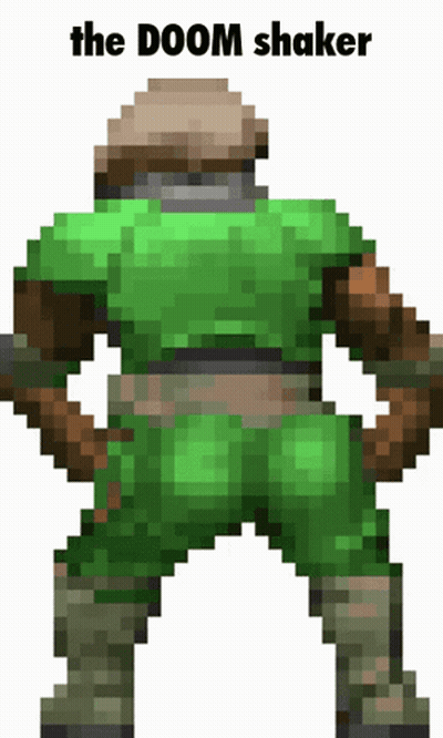 A Pixel Art Of A Doom Character With The Words The Doom Shaker Below Him GIF