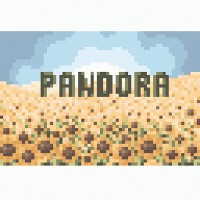 A Pixel Art Of A Field Of Sunflowers With The Word Pandora In Green GIF