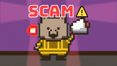 A Pixel Art Of A Fireman With The Words Scam A Behind Him GIF
