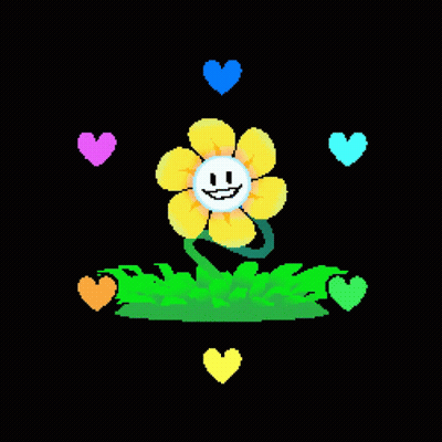 A Pixel Art Of A Flower With A Face And Hearts Around It . GIF