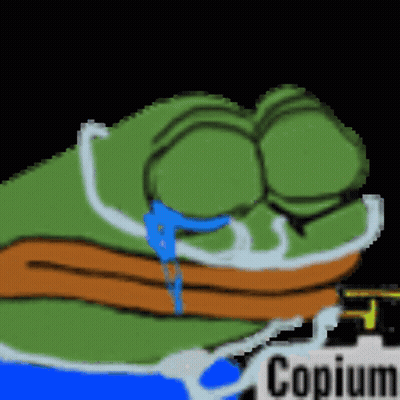 A Pixel Art Of A Frog Crying With Copium Written On The Bottom GIF