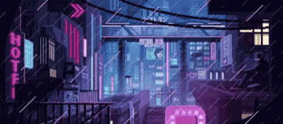 A Pixel Art Of A Futuristic City With A Sign That Says Hotel On It GIF